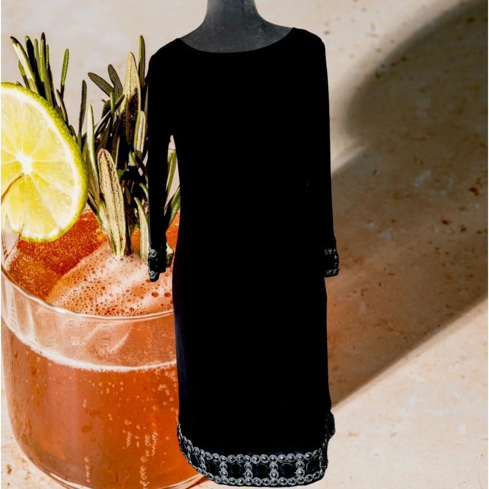 Tiana B. Cocktail dress slinky form fitting fabric heavy sparkle beaded trim